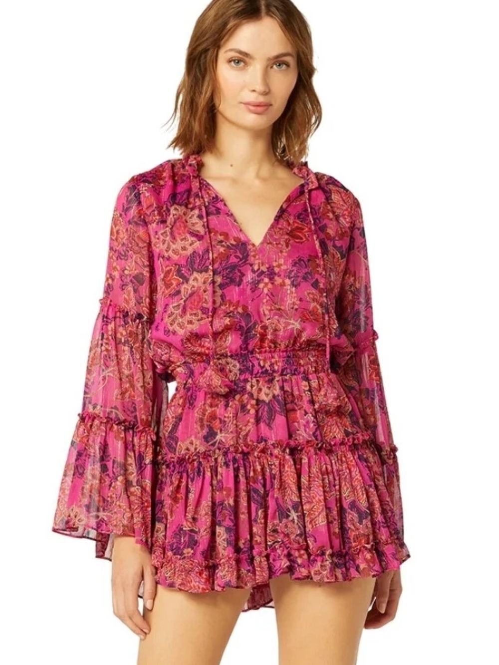 Misa Los Angeles Pink Floral Tiered Mini Dress size small floral feminine